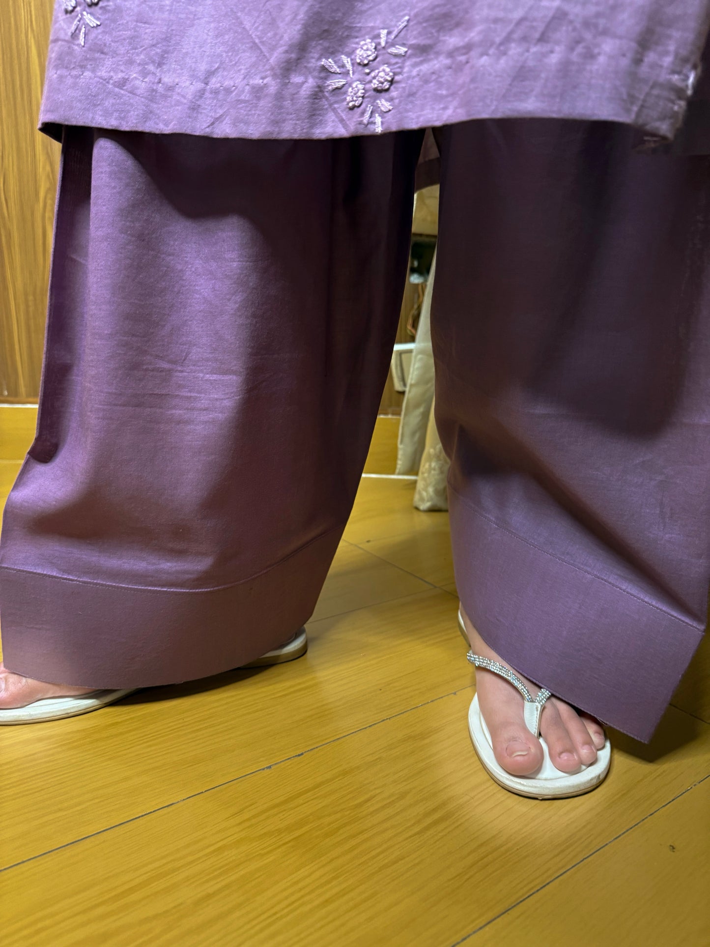 Purple - Hand Embroidered ChikanKari Kurta with Farshi Shalwar
