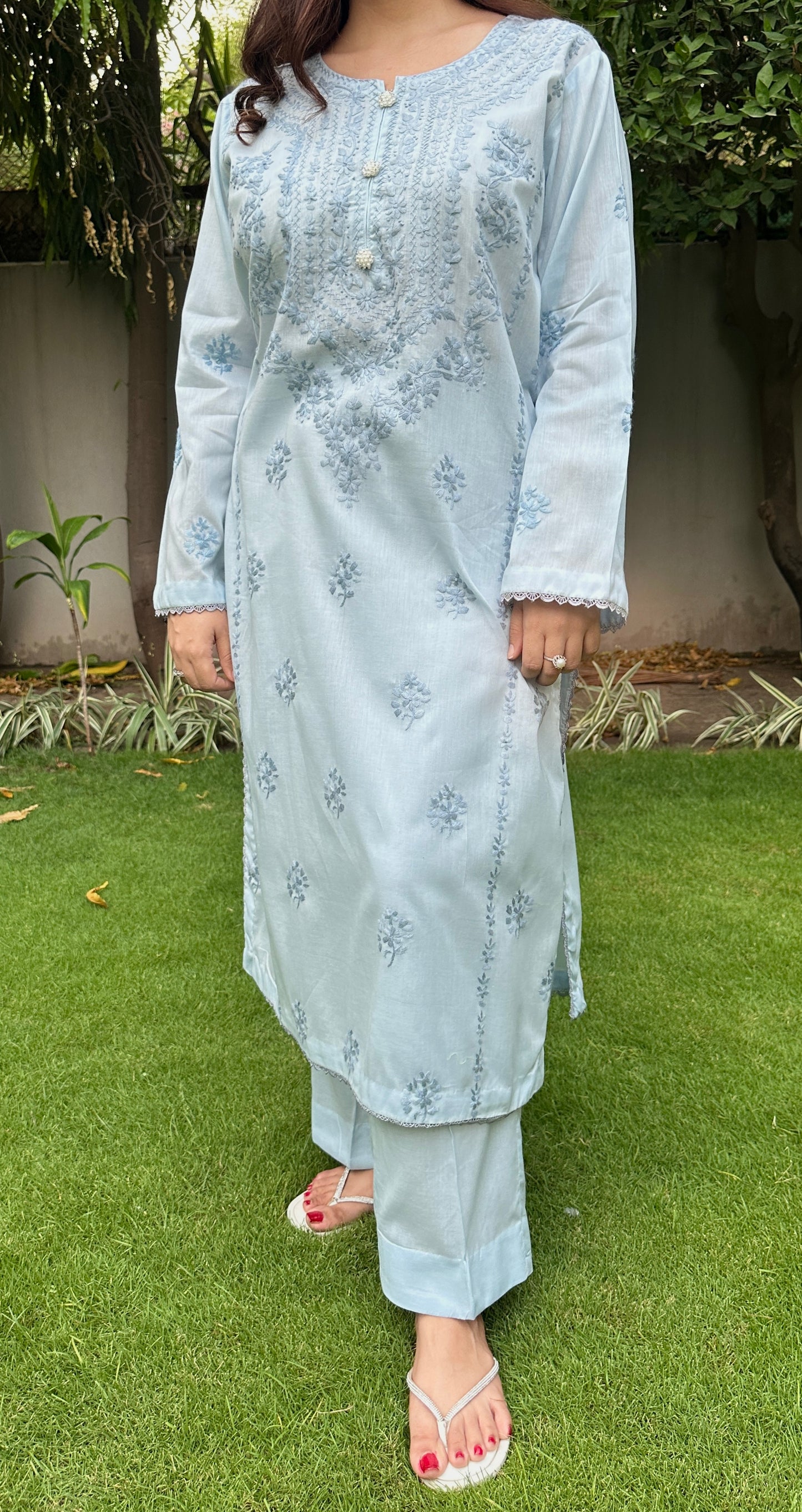 Blue Grey - Hand Embroidered ChikanKari - 2 Piece