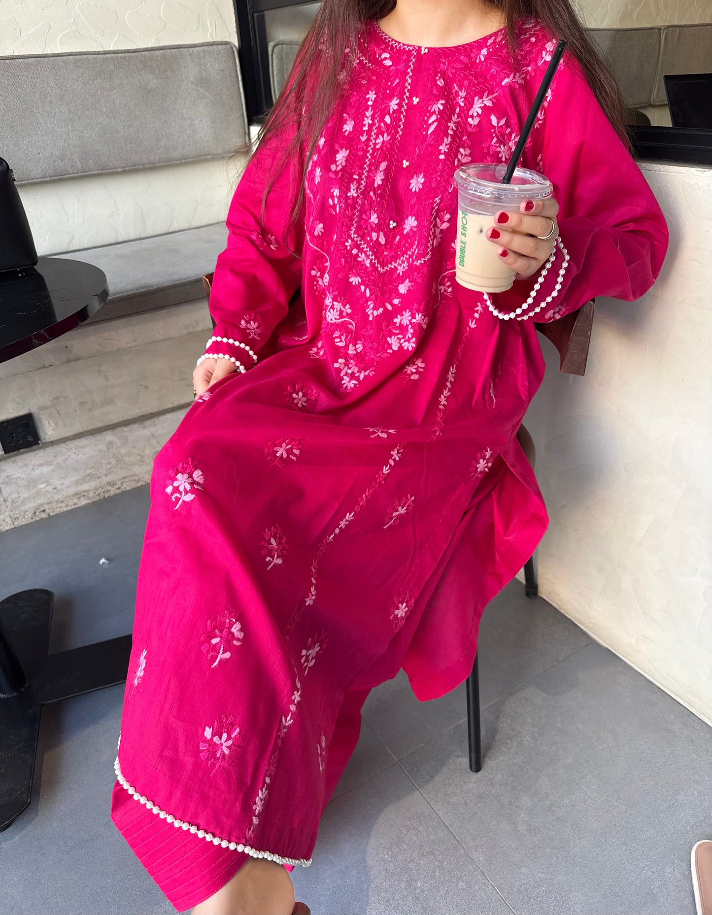 Rosé Dust - Hand Embroidered ChikanKari Kurta with Farshi Shalwar