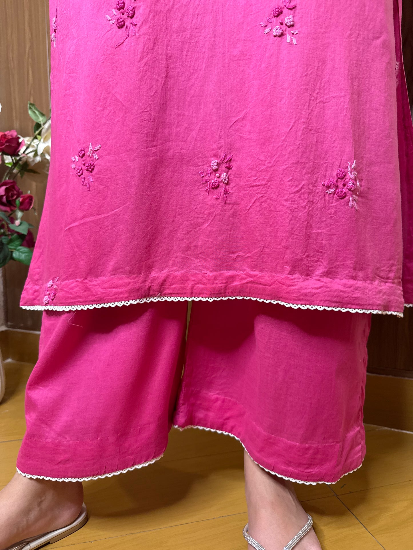 Soft Fuchsia Pink - Hand Embroidered Chikankari Kurta with Culottes