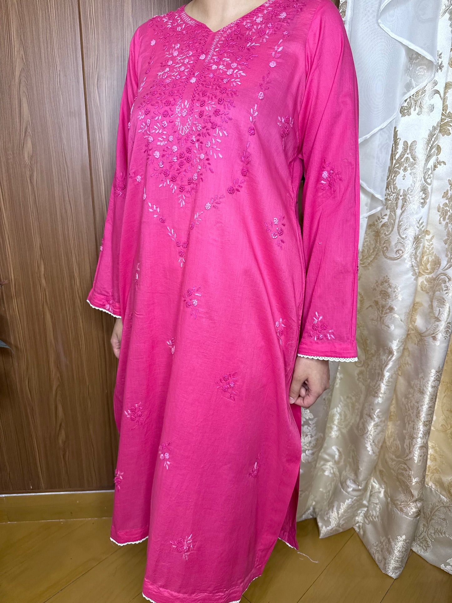 Soft Fuchsia Pink - Hand Embroidered Chikankari Kurta with Culottes