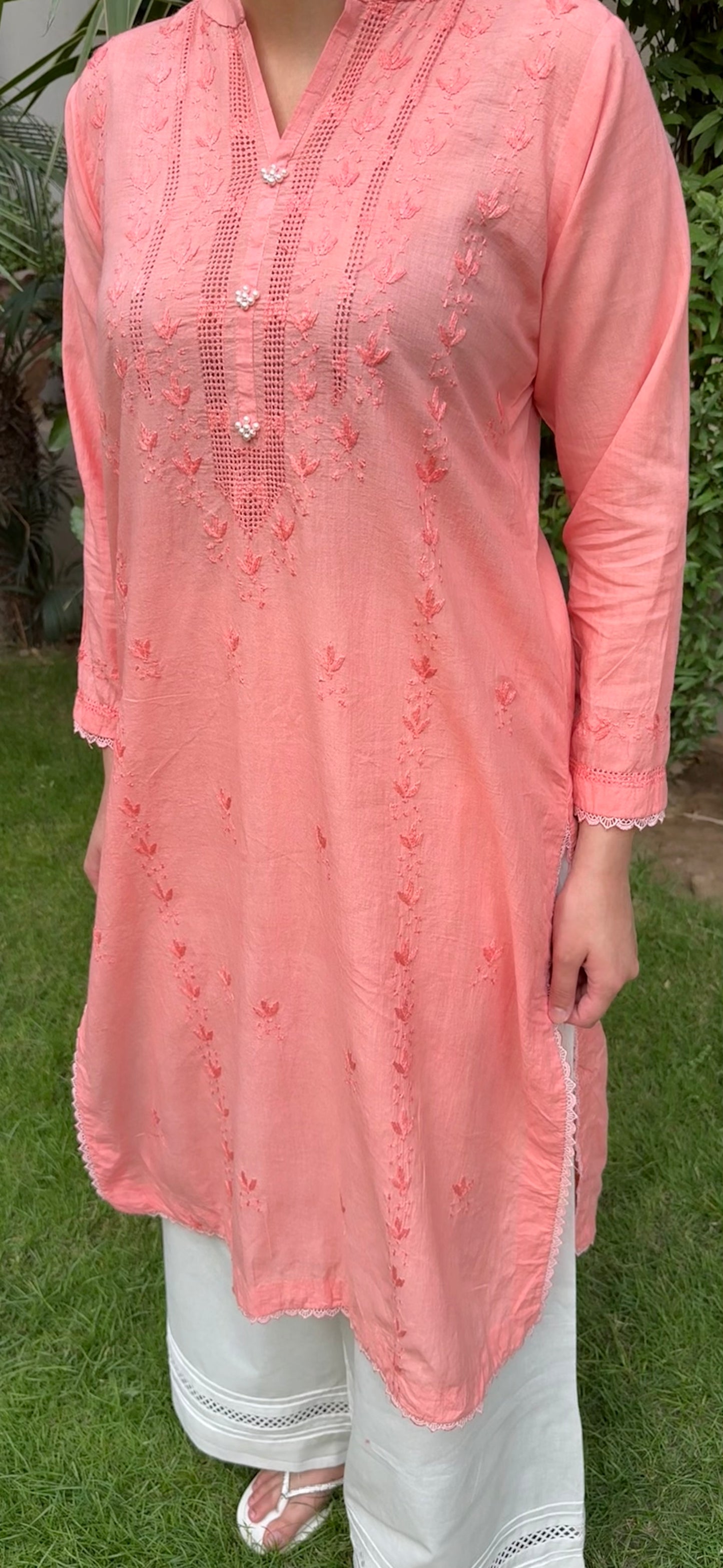 Peach Coral- Light Tarkashi Hand Embroidered Kurta
