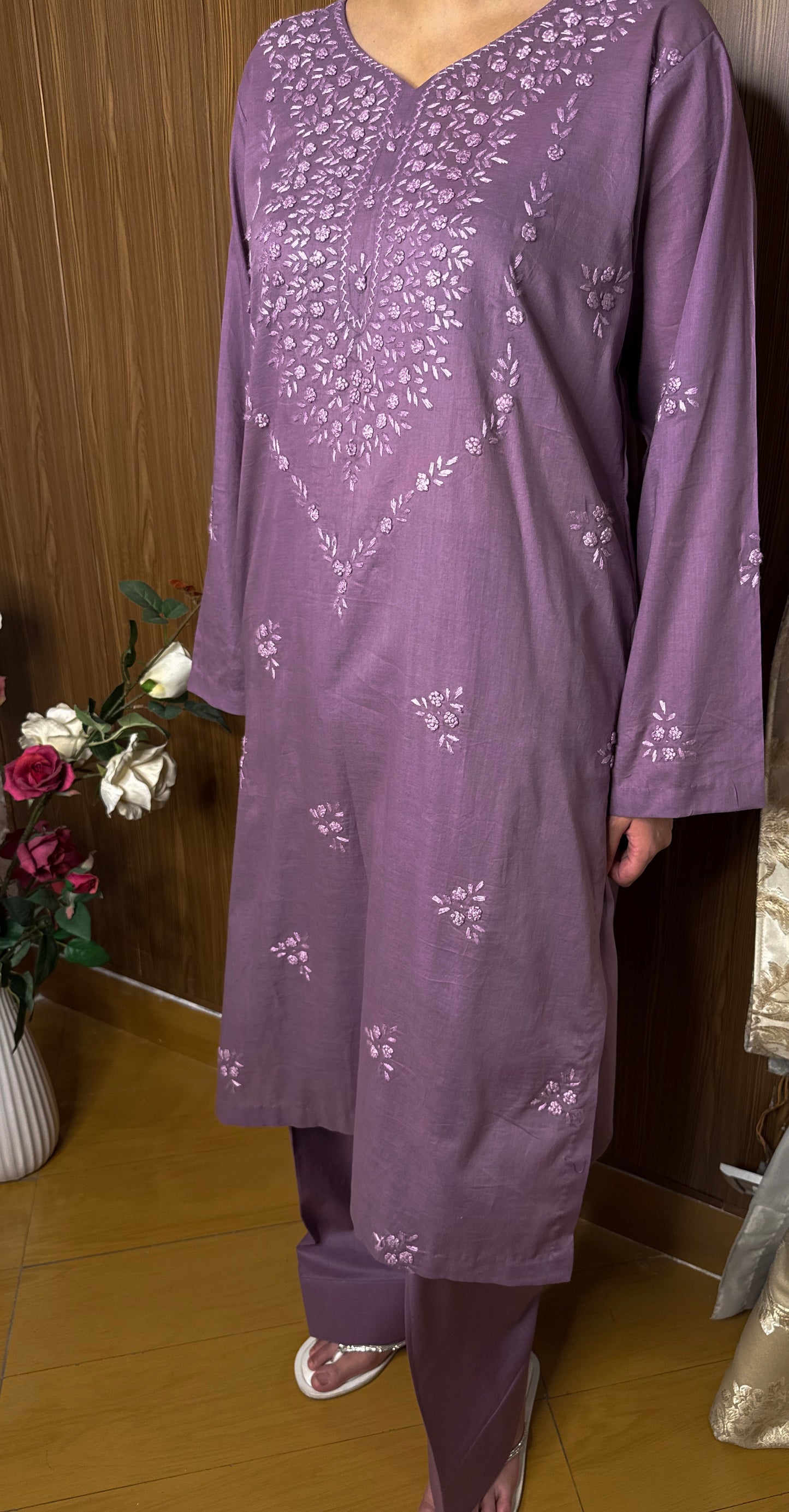Purple - Hand Embroidered ChikanKari Kurta with Farshi Shalwar