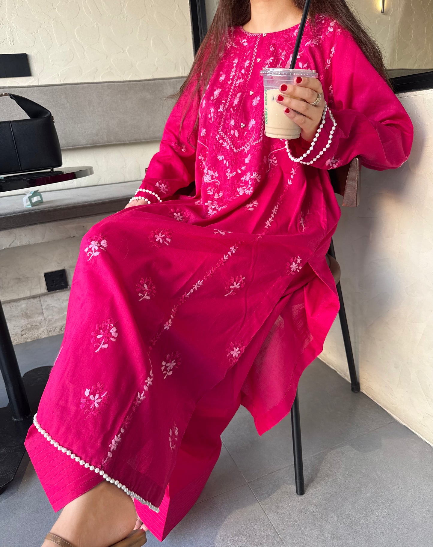 Rosé Dust - Hand Embroidered ChikanKari Kurta with Farshi Shalwar