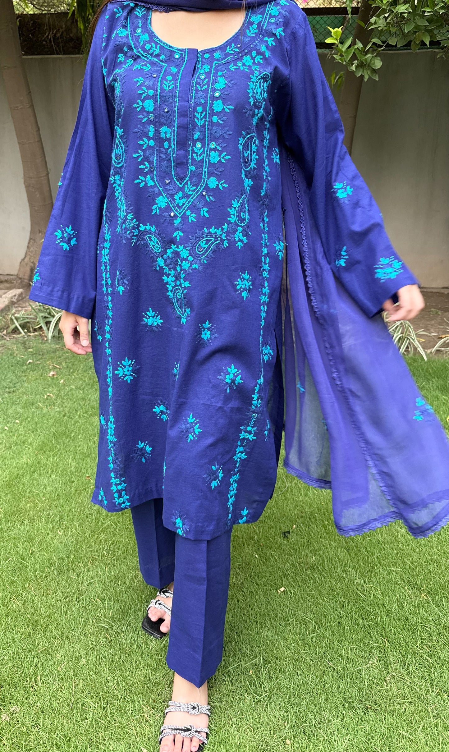 Navy Blue Hand Embroidered Chikankari - 3 Piece Suit