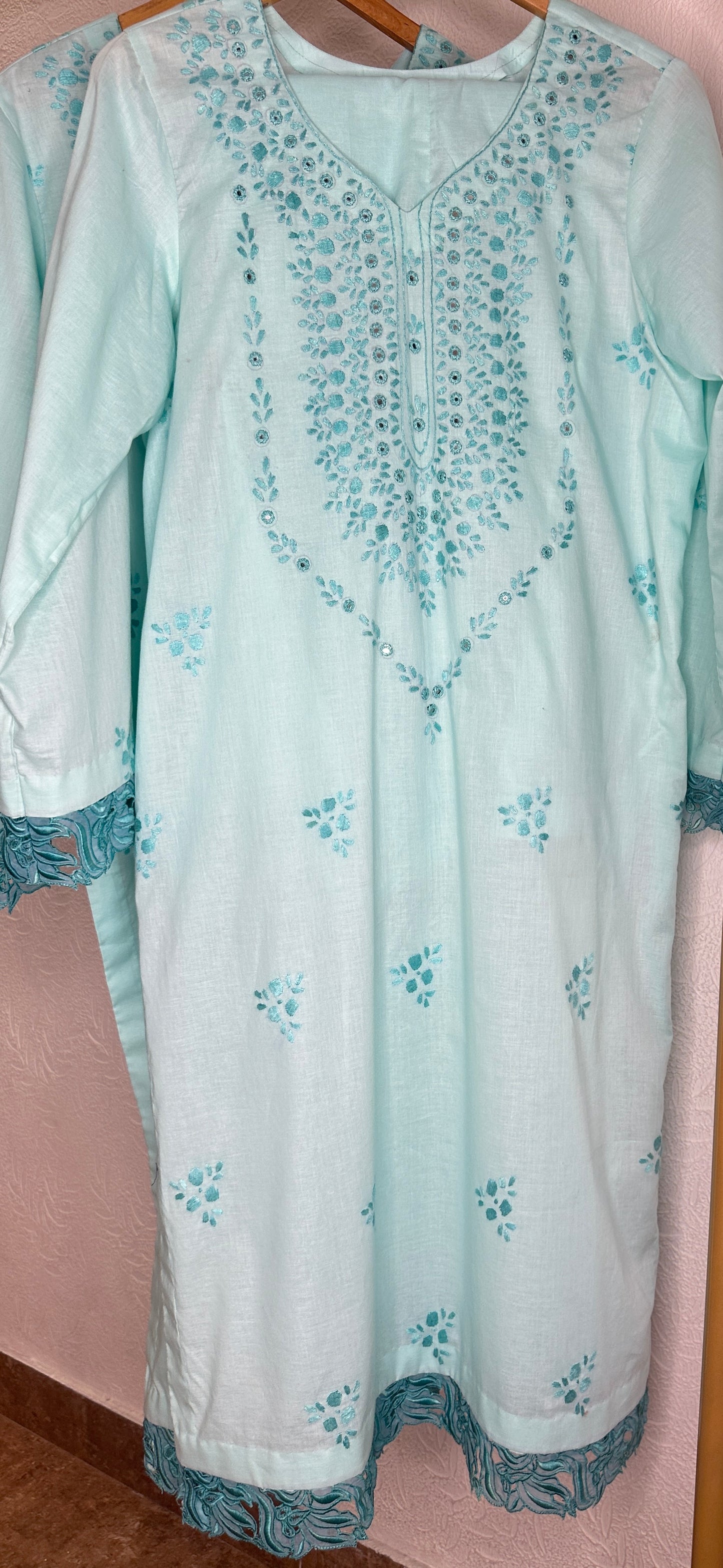 Aqua Blue - Hand Embroidered ChikanKari Kurta with Trouser