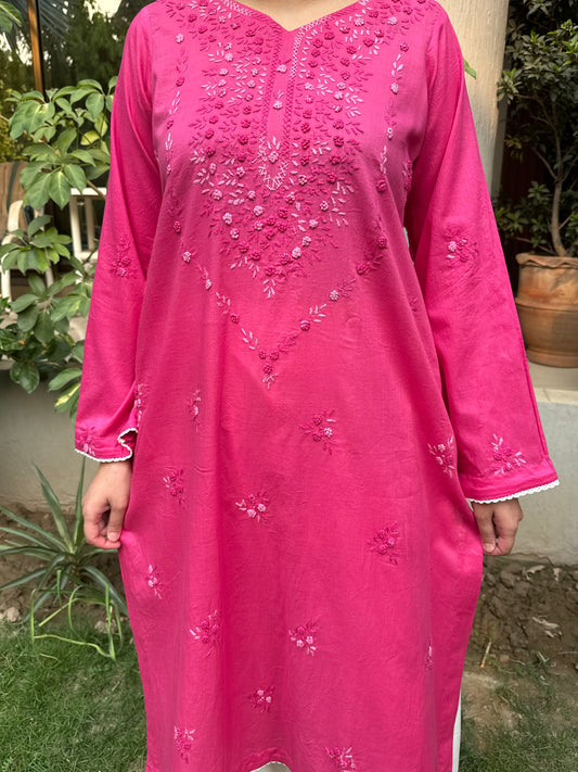 Soft Fuchsia Pink - Hand Embroidered Chikankari Kurta with Culottes