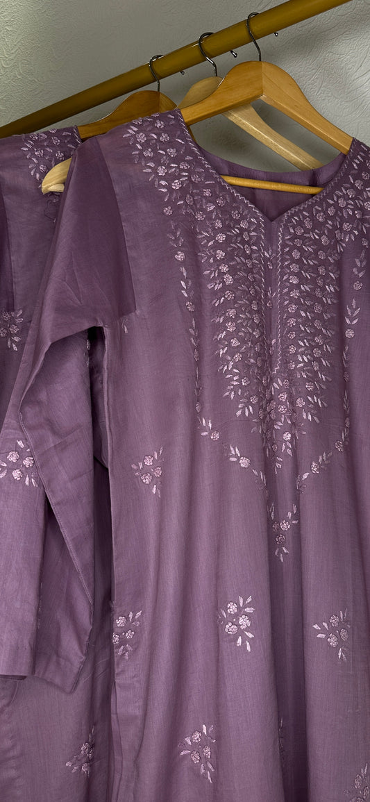 Purple - Hand Embroidered ChikanKari Kurta with Farshi Shalwar